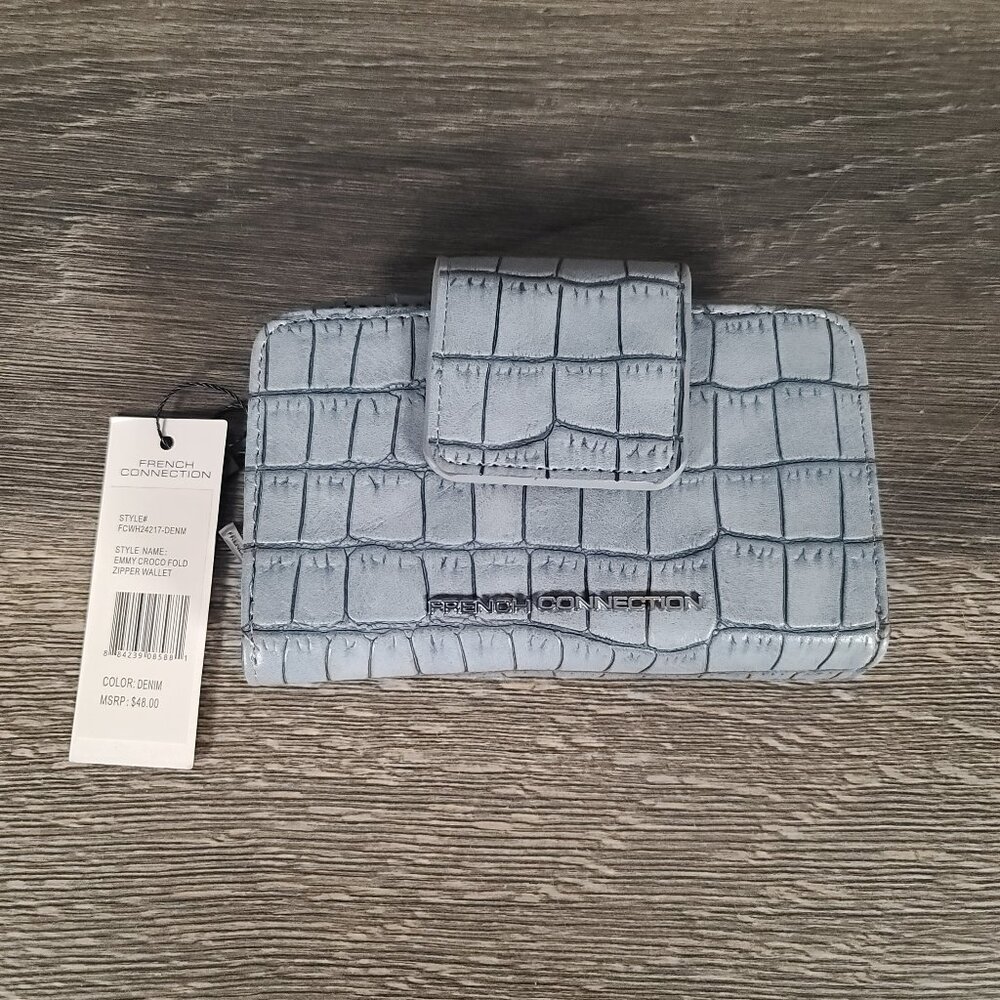 French Connection Emmy Croco Fold Zipper Wallet Denim Blue Textured Snap Closure
